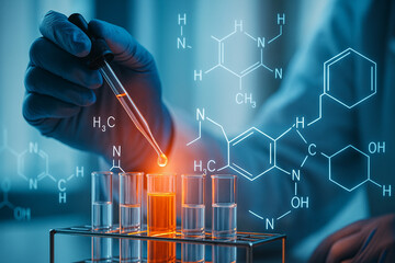 AI generated scientist hand using pipette to drop liquid into test tubes with chemical formulas and molecular structures overlay in modern laboratory blue orange tone innovation