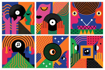 A series of vibrant abstract illustrations in a cubist style, celebrating music, DJing, and records with bold shapes and a dynamic color palette.