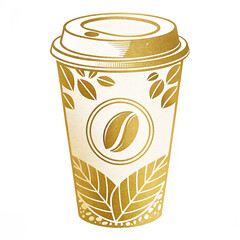 Elegant gold coffee cup design with decorative leaves and bean emblem, perfect for premium beverage branding