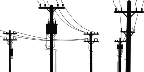 Multiple utility poles with transformers, power lines, electricity distribution, energy infrastructure, electrical grid network, industrial silhouette, high voltage, black white,