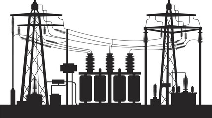 Electrical substation with transformers, transmission towers, high voltage power lines, energy infrastructure, electricity distribution network, industrial silhouette, black white
