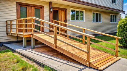 Wooden ramp leading to accessible entrance of house with steps and handrail