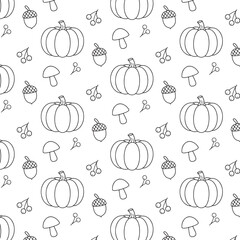 Vector illustration featuring a seamless pattern of pumpkins, mushrooms, acorns, and cherries, ideal for autumn-themed designs and seasonal decorations with copy space