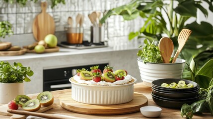 Fresh Fruit Tart on Wooden Table with Green Plants in Bright Kitchen