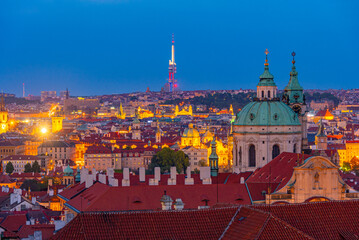 Obraz premium Sunset of Zizkov tv tower overlooking Prague, Czech republic