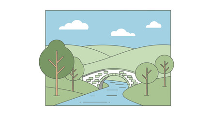 Fototapeta premium Illustration Vector SVG Design of a Line Art Landscape with Bridge and Trees in Pastel Colors