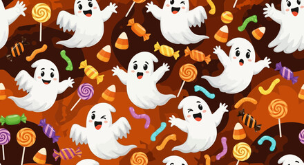 Fototapeta premium Cartoon Vector SVG Illustration of Halloween Ghost and Candy Seamless Pattern Design in Flat Style