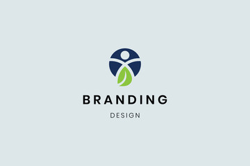 Fototapeta premium A creative logo combining a human figure with green leaves, symbolizing harmony between people and nature. It represents growth, health, eco-friendliness, and sustainability, making it ideal for envir