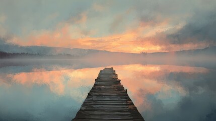 Serene Wooden Pier Extending Into Calm Water at Sunrise Surrounded by Mist and Soft Glowing Clouds