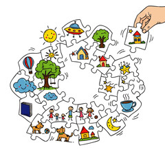 Completing the Puzzle Hand Placing the Final Piece in a Childlike Illustration of Playful Elements
