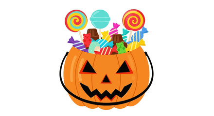 Halloween Vector SVG Icon of a Pumpkin Bucket Filled with Candy Flat Design Style