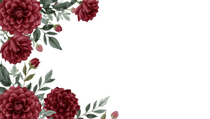 Elegant botanical border with hand-painted watercolor dark red dahlia flowers and green leaves isolated on a white background