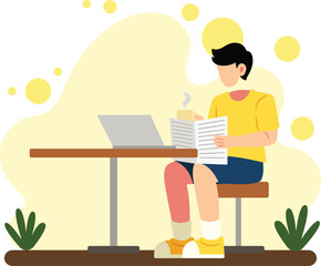 Man reading newspaper with coffee illustration