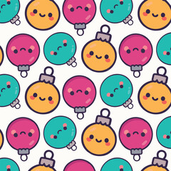 Colorful vector illustration of cheerful holiday ornaments in a playful pattern, featuring smiling faces and vibrant colors, perfect for festive designs and seasonal decorations