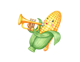Cute cartoon corn cob character playing a golden trumpet.