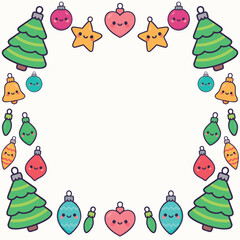 Fototapeta premium Festive vector illustration featuring cheerful Christmas trees, ornaments, and stars arranged in a circular frame, perfect for holiday-themed designs and joyful celebrations