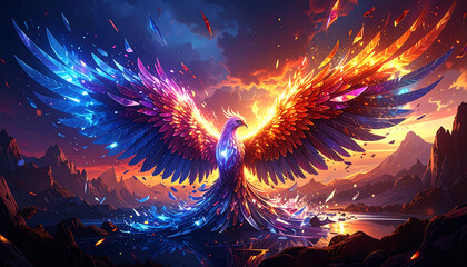 Majestic Phoenix Rising: A Symphony of Fire and Ice, A Mythical Bird of Legend Spreads Its Wings in a Dazzling Display