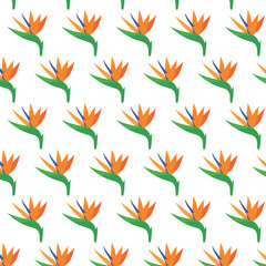 Vibrant vector illustration of repeating floral pattern featuring orange and blue flowers with green leaves on a clean white background, perfect for textile design and decorative purposes