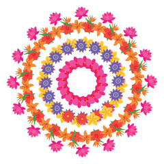 Colorful floral mandala vector illustration featuring vibrant pink, orange, yellow, and purple flowers arranged in concentric circles, creating a harmonious and eye-catching design for various applica