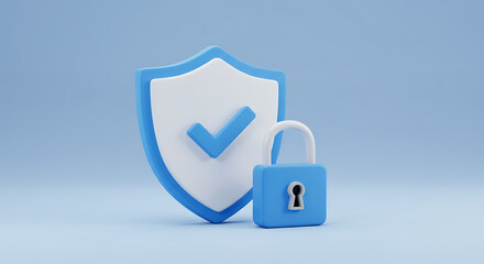 Blue Shield and Padlock Symbolizing Security and Protection with Checkmark for Approved Status Safety Design