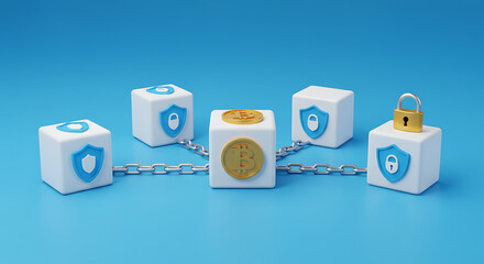 Blockchain Technology Illustration with Bitcoin Security and Interconnected Blocks Representing Cryptocurrency Network Security and Data Protection
