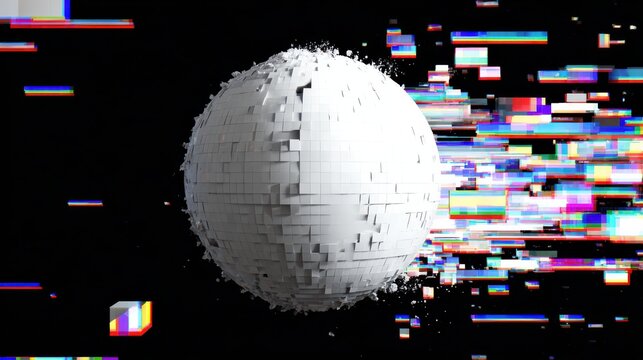 Abstract Digital Sphere with Glitch Effect in Black Background, Modern Art Concept, 3D Render