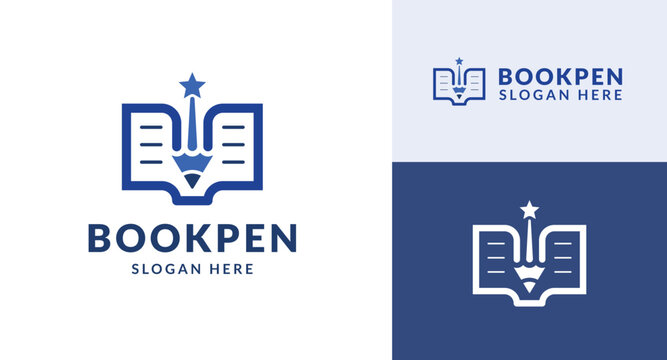 Modern Open Book and Pencil with Star Logo Design.
