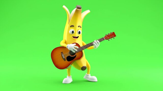 Cartoon banana character playing a guitar on a green background