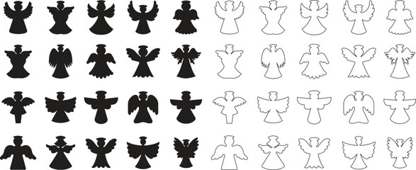 Angel silhouettes black flat, outline icons set. Holy spirit wings halo vectors collection, religious guardian celestial figure symbolic illustration for Christmas, faith, spirituality and heaven art.