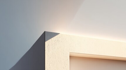 Minimalist architectural detail showcasing sunlight casting shadows on a textured white wall in soft tones