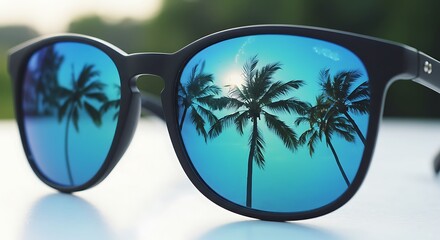 Sunglasses reflecting a tropical paradise with palm trees on a sunny day.