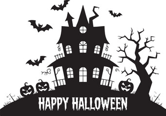 Spooky Halloween Scene with Haunted Tree, Witch, Pumpkins, Ghosts, and Bats