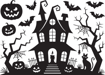 Spooky Halloween Scene with Haunted Tree, Witch, Pumpkins, Ghosts, and Bats