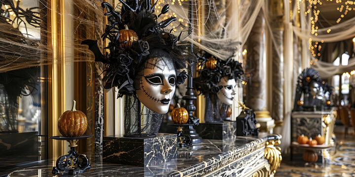 Elegant and spooky Halloween decorations with masks and pumpkins in a grand interior