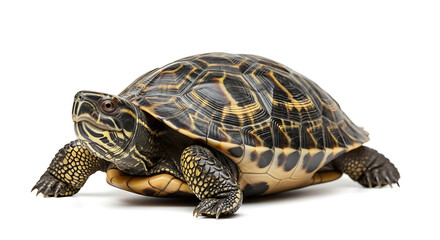 Naklejka premium Intricate Shell Patterns of a Turtle on White, The Eastern Box Turtle: A Captivating Close-Up on a Pure White Backdrop