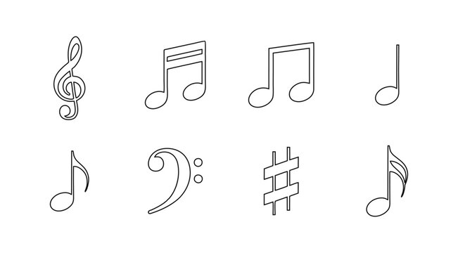 Outline Musical Notes and Symbols Collection: Treble Clef, Bass Clef, Sharp, and Various Note Values