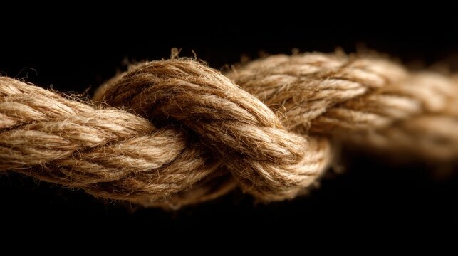 Close-up View of a Knot in Twisted Natural Fiber Rope on a Dark Background