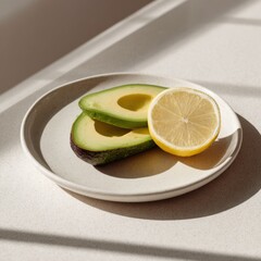 Fresh Avocado Slices and Lemon on Modern Ceramic Plate Against Neutral Background