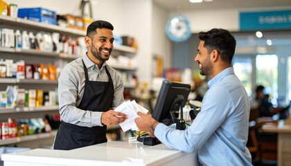 Friendly pharmacist in an apron providing excellent service to a smiling male customer at the checkout counter of a modern drugstore