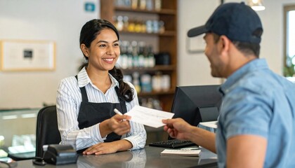 Smiling Store Clerk Accepting Check from Customer at Counter