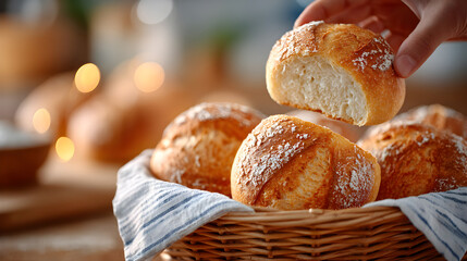 Freshly baked bread rolls in a woven basket, hand reaching for a roll, warm ambiance with soft lighting creating a cozy atmosphere. Selective focus