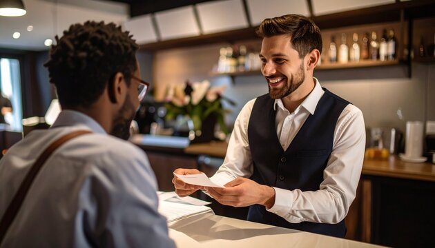 Smiling bartender handing a receipt to a customer in a well-lit restaurant, positive interaction