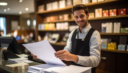Friendly Shop Assistant Smiling and Holding Paper in a Stationery Store, Ready for Customer Service