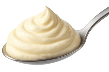 Metallic spoon lifting creamy mayonnaise swirl, transparent backdrop highlighting smooth white condiment texture