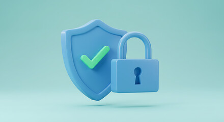 Digital security concept with blue shield padlock and green checkmark ensuring data protection against cyber threats in minimalist design