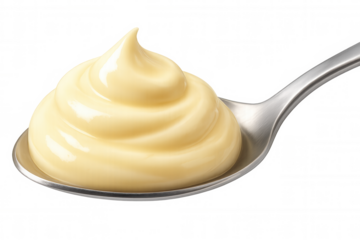 Silver kitchen utensil lifting creamy mayonnaise swirl, transparent backdrop highlighting smooth white condiment texture