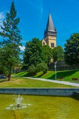 Saint Egidius cathedral behind a fountain in Bardejov, Slovakia
