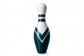 Teal bowling pin with white details isolated on transparent backdrop, representing recreational sport branding and design concepts