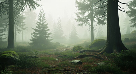 A misty forest scene with tall evergreen trees and a path winding through the undergrowth on a foggy day
