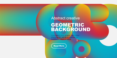 Vibrant abstract shapes overlap, creating dynamic colorful background. Text promotes creative geometric design, includes call to action.